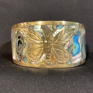 Vintage Butterfly Hecho En Mexico Silver and Brass with Abalone Inlay Cuff